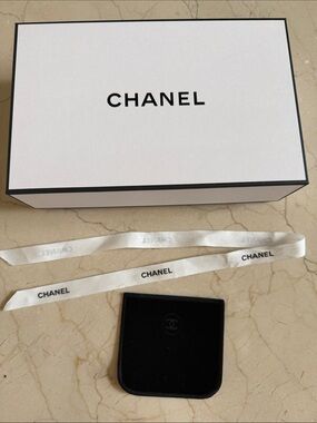 CHANEL White and Black Signature Gift Box with Ribbon and Velvet Pouch